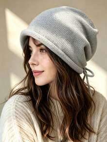 Acrylic Knit Beanie With Drawstring, Stretchy, Breathable Fabric, Earmuff Design, Hand Washable For Warm Urban Style. - Multicolor - View 9
