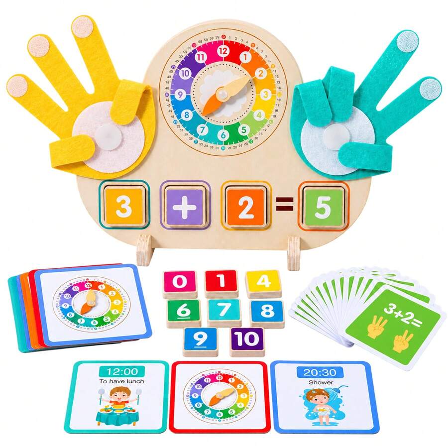 Wooden Finger Counting Toy With Teaching Clock, Math Learning Board, Addition And Subtraction Cards For Kids Ages 3+
