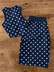 UREREM Women's Striped Colorblock Casual Elegant Party Ribbed Slit Beach Tank Dress 2-Piece Set, Knit Fabric 200g Slim Fit Vacation Style - Navy Blue Polka Dot - View 3
