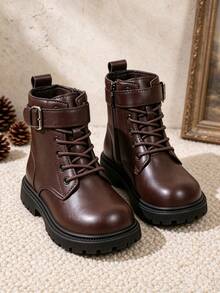 1 Pair Coffee Boots With Buckle And Lace-Up Decor, Side Zipper Design, Round Toe Non-Slip Sole, Classic Cargo Style Style Ankle Boots, Suitable For School, Travel, Holiday And Party Outfits, Autumn/Winter New Arrival - Coffee Brown - View 3