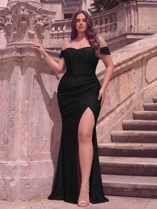 Plus Size Elegant Cold Shoulder Cinched Waist Mermaid Skirt, Ruched Detail High Slit Fitted Silhouette, Suitable For Photography, Beach Vacation - Black - View 6