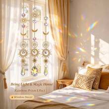 1pc/ 2PCS, Sun Moon AB Crystal Rainbow Suncatcher, Ceiling Fan Light Hanging Prism Ornament, Golden Boho Aesthetic DIY Home Decor, Pendant Gift For Bedroom Window - Sun & Moon Metal Charms - View 9