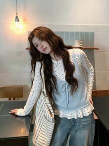 Polka Dot Lace Long Sleeve T-Shirt Women Slim Fit Top Knit Camisole 2pcs Set, Autumn/Winter Casual Daily Wear - Blue - View 2