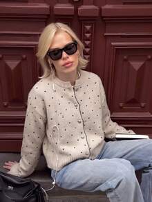 Women's Button-Up Polka Dot Knit Cardigan, Cute & Comfortable Sweater, Suitable For Date Night, Christmas, Halloween, Thanksgiving Outfits - Apricot - View 4