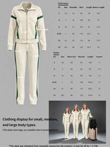 Women's Casual Fashion Commuter Set, Loose Patchwork Contrast Color Long Sleeve Jacket Top + Striped Contrast Color Straight Leg Pants, 2-Piece Set, Summer - Apricot + Green - View 7