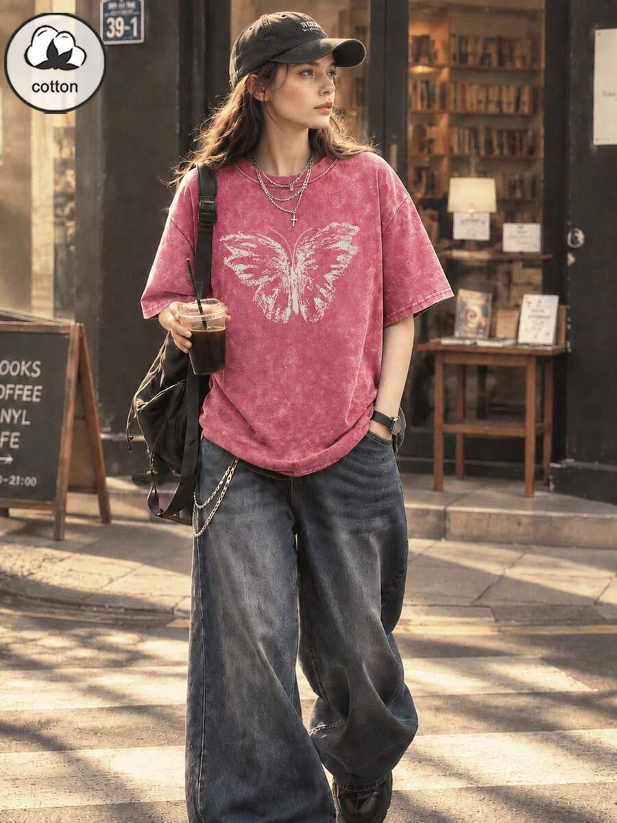 女款純棉夏季「蝴蝶」圖案印花街頭 Y2K 風格紅色圓領短袖大尺碼水洗 T 恤上衣 - 紅色 - 查看 1