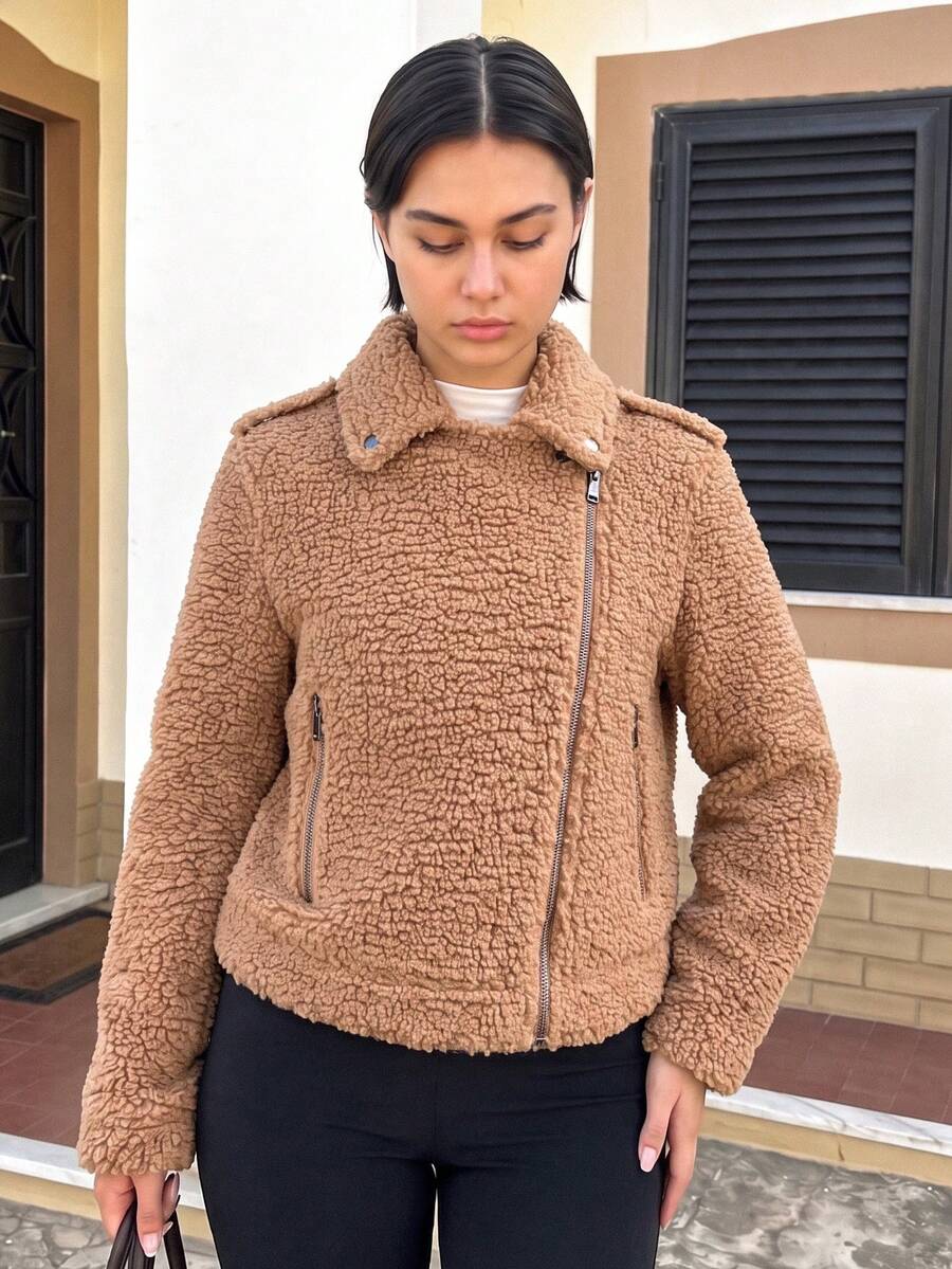 OUTTA BOX Women's Fashion Camel Teddy Fleece Motorcycle Jacket With Lapel, Asymmetric Zipper Pockets, Autumn/Winter Street Style Coat - Camel - View 1