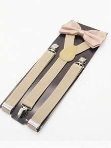 2pcs Men's Fashion Versatile Adjustable Solid Color Polyester Suspenders & Bright Polyester Bow Tie Set Suitable For Weddings, Ceremonies And Daily Wear - Khaki - View 6
