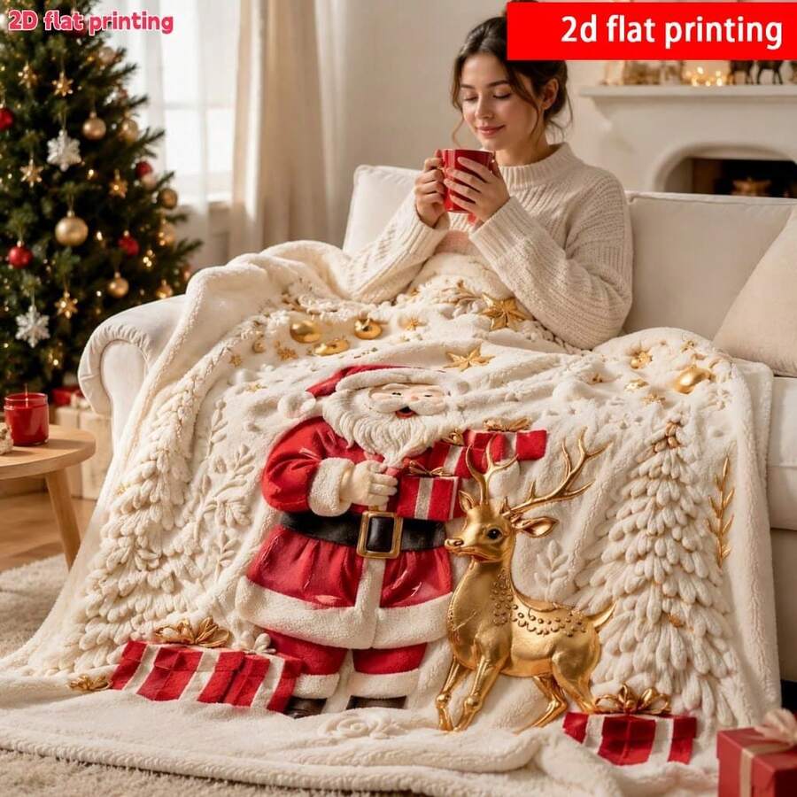 Christmas Scene Digital Print Flannel Blanket, Santa Claus Reindeer Gift Sofa Throw Blanket, Holiday Decor Blanket - Multicolor - View 1