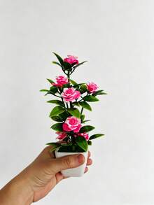 Home Decor Small Potted Plants Pink Series Wax Plum + Rose, Anti-Ceramic Plastic White Round Pot, White Square Pot, Fresh Style, Desktop Office Desk Photo Prop Small Bonsai, Decorative Flower Pot - Pink - View 12