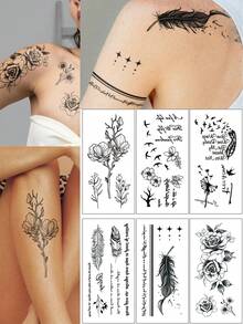 6PCS Artistic Floral Feather English Pattern Party Gift Holiday Gift DIY Music Festival Temporary Tattoo Stickers For Arm, Shoulder, Neck, Waist, Abdomen, Leg, Waterproof Body Skin - Black - View 1