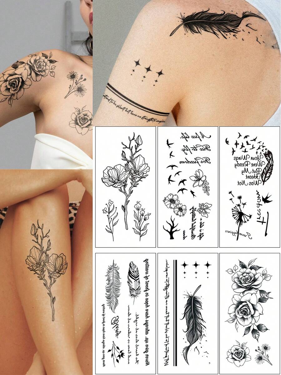 6PCS Artistic Floral Feather English Pattern Party Gift Holiday Gift DIY Music Festival Temporary Tattoo Stickers For Arm, Shoulder, Neck, Waist, Abdomen, Leg, Waterproof Body Skin - Black - View 1