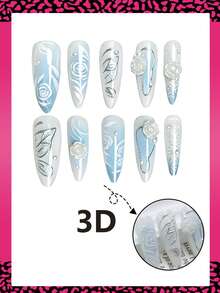 10片長杏仁形聖誕穿戴甲，冬季藍色Y2K美甲，附3D白色花朵與珍珠裝飾法式指尖，適合美甲店、女孩與女性美甲用品，日常佩戴、節日派對與聖誕禮物 - 薄荷藍 - 查看 3