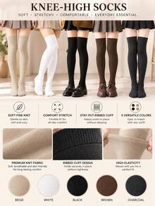 5 Pairs Random Multi Color Women The Knee Socks Women Socks Boot Socks Calf Socks Casual Socks Solid Basic Elastic Cuff Snug Fit Non Slip Daily Wear - Multicolor - View 2