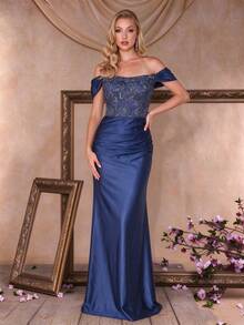 BluePlum Elegant Sequin Strapless High Waist Ruched Backless Floor Length Formal Evening Gown, Suitable For Prom, Homecoming, Wedding Guest, Party - Navy Blue - View 1