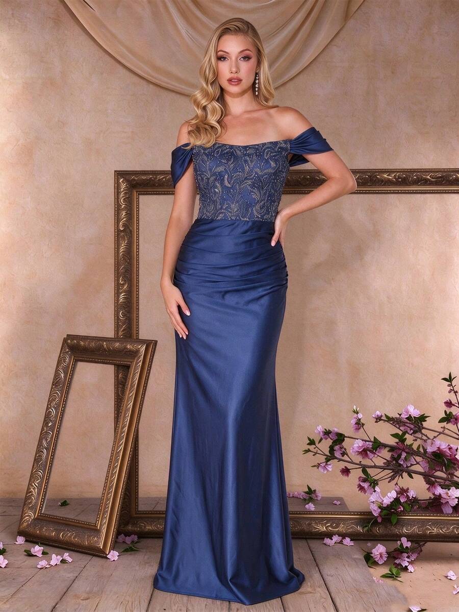 BluePlum Elegant Sequin Strapless High Waist Ruched Backless Floor Length Formal Evening Gown, Suitable For Prom, Homecoming, Wedding Guest, Party - Navy Blue - View 1