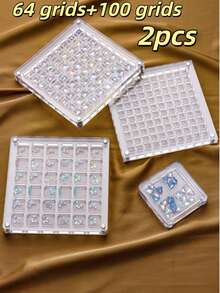 2/1pc 64-Grid/100-Grid Acrylic Nail Rhinestone Storage Box, Double-Sided Round & Square Display Box, Magnetic Nail Accessory Organizer Tool Empty Box, Rhinestones Not Included - Clear - View 14