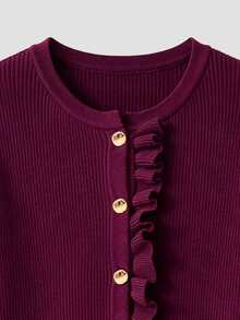 Women's Burgundy Ribbed Knit Cardigan, Round Neck Rufle Placket Gold Button Long Sleeve Peplum Sweater - Burgundy - View 7