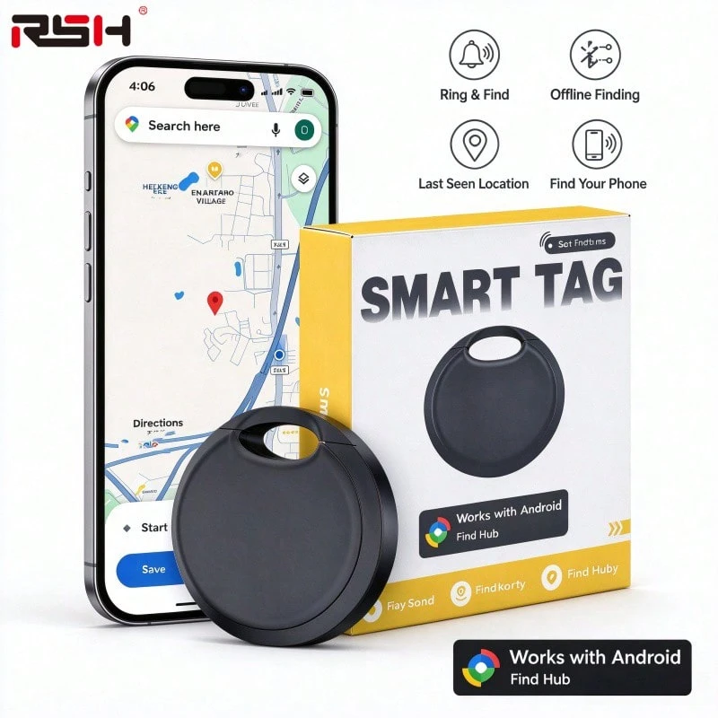 RSH Mini Tracker Compatible With Android Find Hub, Smart Anti-Loss Item Positioning Tag, Real-Time Location Sound Reminder Key Finder, CR2032 Battery Powered, Suitable For Keys, Wallet, Backpack, Luggage, Pets, Travel Accessories Holiday Gift, No Subscription Fee