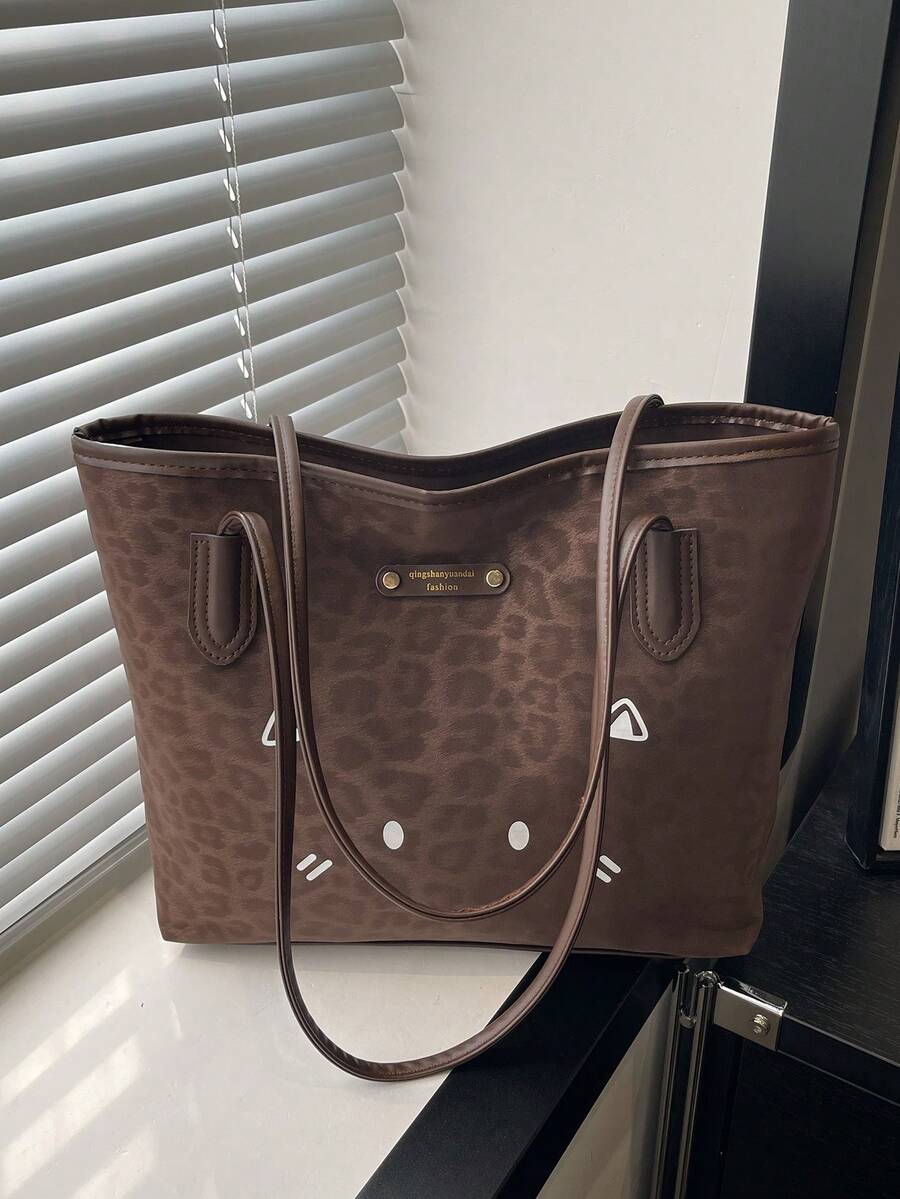 Women's 2026 New Leopard Print Large Capacity Tote Bag, Versatile Shoulder Bag For College Students, Classes And Commuting