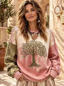 Bohemian Vintage Women's Colorblock Tree Of Life Pattern Retro Floral Print Crew Neck Pullover - Multicolor - View 1