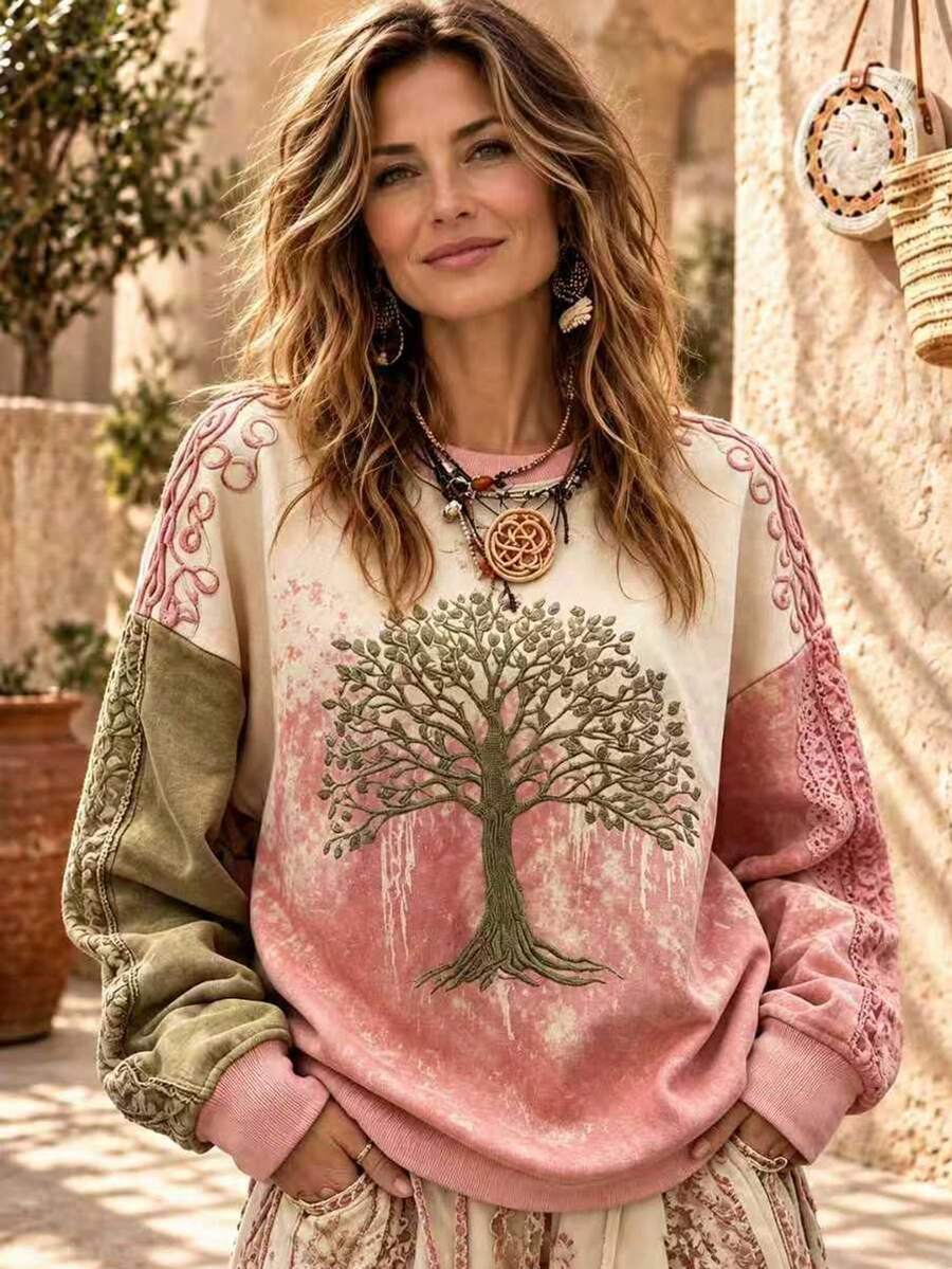 Bohemian Vintage Women's Colorblock Tree Of Life Pattern Retro Floral Print Crew Neck Pullover - Multicolor - View 1
