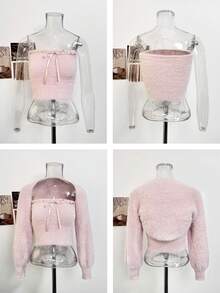 Short Cardigan Vest & Tube Top 2 Pieces Set, Minimalist Sexy Style, Fuzzy Knit, Women's Winter Outfit - Pink - View 9
