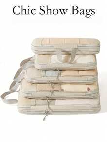 5Pieces Compression Packing Cubes For Suitcases,Space-Saving, Travel Essentials,Portable,Lightweight,Durable,Stylish For Home,For Outdoor,Road Trip - Beige - View 1