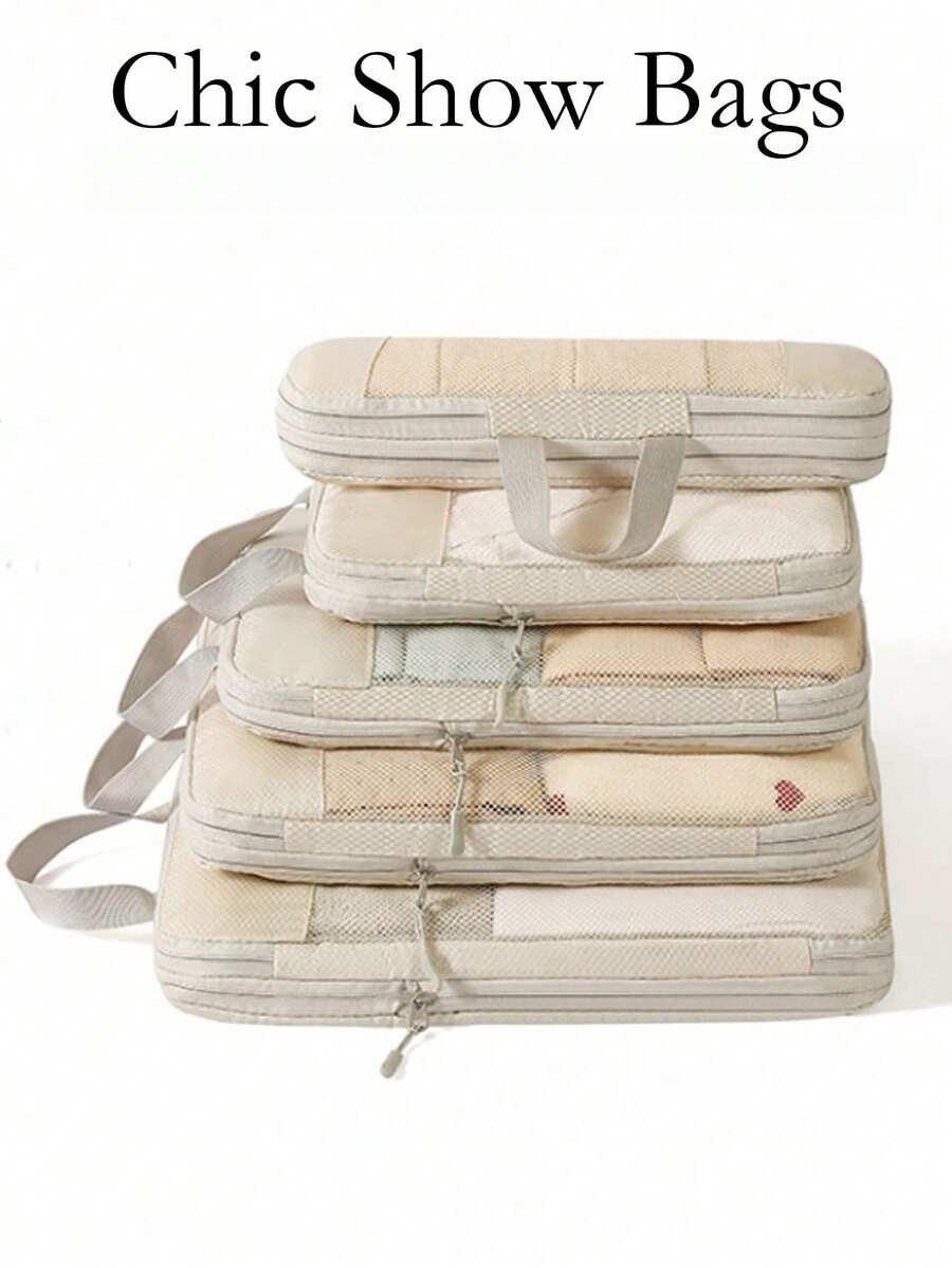 5Pieces Compression Packing Cubes For Suitcases,Space-Saving, Travel Essentials,Portable,Lightweight,Durable,Stylish For Home,For Outdoor,Road Trip - Beige - View 1