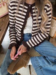 女款棕色條紋荷葉邊修身長袖針織毛衣，復古設計套頭上衣，週末旅行穿搭，復古荷葉邊下擺上衣 - 深咖啡拼本白 - 查看 2