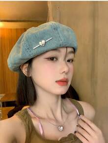 1PC Washed Denim Beret, Women's Street Style Versatile Octagonal Hat, Face-Slimming Painter Hat, Heart-Shaped Newsboy Cap, Women's Hat - Beret - View 3