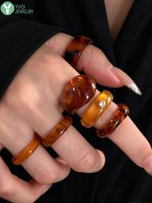 焦糖琥珀色女款戒指，透明樹脂幾何寬面，單枚，老錢風，小眾高級百搭飾品 - 彩色 - 查看 9