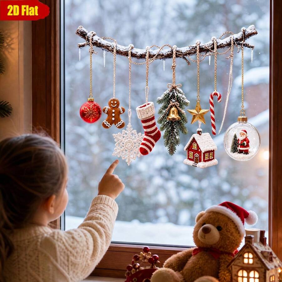 1pc Christmas Tree Branch Hanging Ornament Static Window Sticker, Glue-Free Reusable Glass Holiday Atmosphere Decorative Sticker - Multicolor - View 1