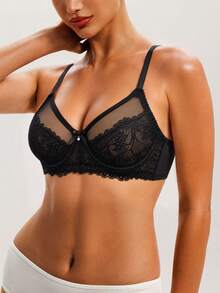Women's Black Bow Lace Patchwork French Mature Elegant Underwire Bra - Black - View 4