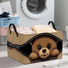 1PC Cute Bear Zipper Camouflage Print Fabric Storage Basket With Handles, Storage Bin, Home Clothes Sundries Organizer, Fun Cartoon Desktop Decor Storage Box, Bedroom Dorm Nursery Laundry Toy Book Organizer, Christmas Holiday Valentine Gift - Brown - View 6