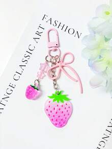 Pink Gradient Acrylic Strawberry Keychain, Pink Rope Knot Bow Pendant, Girly Star Bead Charm, Cute Bag Accessory, Small Gift For Best Friend - Pink - View 4