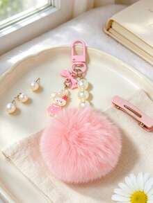 Pink Plush Ball Rabbit Pearl Keychain, Featuring Cute Rabbit, Pearl Chain And Fluffy Pom Pom, Soft And Sweet, Girly Style, Suitable As Car Key Ring, Bag Pendant And Backpack Decoration, Also Perfect For Birthday And Holiday Gifts, Adding A Gentle And Healing Cute Touch To Daily Outfits - Pink - View 1
