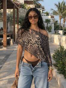 HOTTIE HABIT Leopard Print Semi-Sheer Mesh Swimwear Cover-Up, Women's Asymmetric Cold Shoulder Beach Shawl, Lightweight Flowy Summer Pool Wrap - Multicolor - View 2