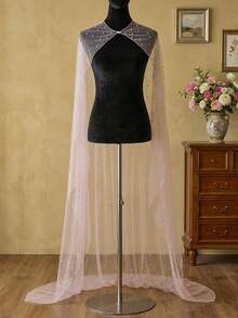 1PC Black Beaded Tulle Long Train Cape, Sheer Stand Collar Wedding Shawl, Dark Style Gown Overlay For Photoshoot - Multicolor - View 10