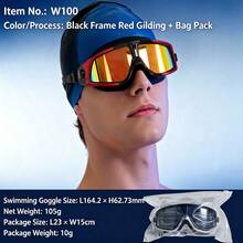 WEITIS Adult Large Frame Swimming Goggles, HD Waterproof Anti-Fog Unisex Professional Diving Swim Glasses - Black Border With Red Plating + Bagged - View 4