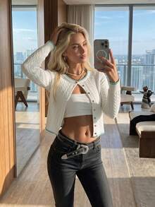 Aflion Women's Fall Winter Elegant White Cable Knit Cropped Cardigan, Contrast Trim Round Neck Long Sleeve Button Top For Date, Hangout, Weekend, Shopping - White - View 7