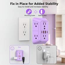 Outlet Extender, Surge Protector Outlet With 6-Multi Plug Outlet And 4 USB Ports(2 USB C), 3-Sided Power Strip Wall Charger, Multiple-Plug Outlet Splitter For Home Travel Office - Purple - View 9