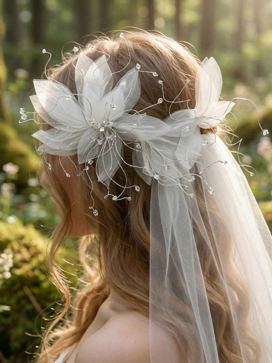 1pc Bridal Tulle Flower Hair Vine Crystal Wedding Headpiece Handmade Romantic Floral Hair Clip Headband For Bride Prom