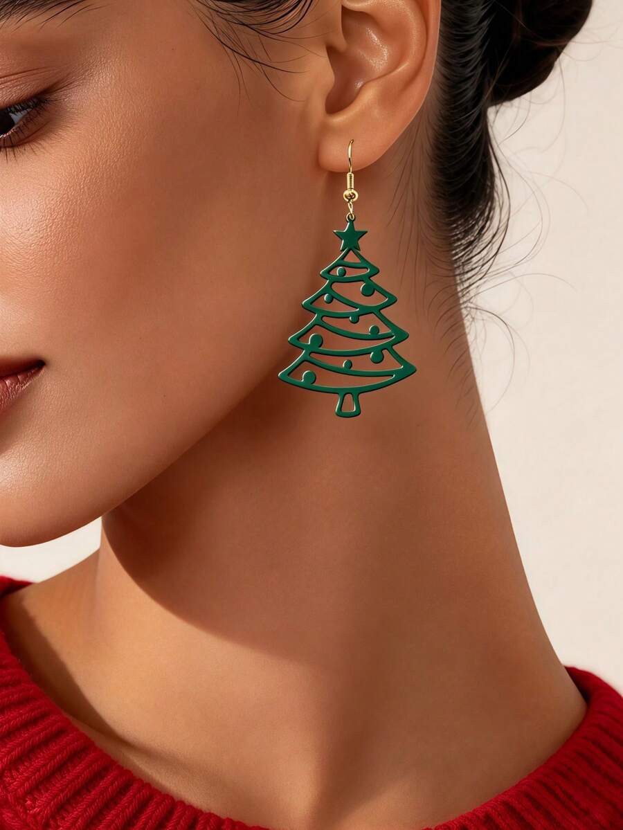1 Pair Hollow Green Christmas Tree & Star Long Drop Earrings For Women, Christmas Holiday Party Atmosphere Styling - Golden Yellow+Green - View 1