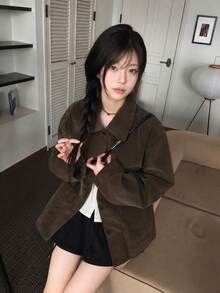 Vintage Suede Lapel Retro Workwear Long Sleeve Casual Jacket - Brown - View 6