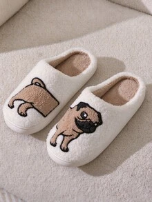 Autumn/Winter Thermal Lined Closed-Toe Home Slippers, Cute Pug Cartoon Pattern, Thick Sole, Men's Indoor Casual Warm Slippers - White - View 4