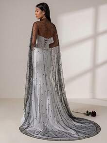 1PC Black Beaded Tulle Long Train Cape, Sheer Stand Collar Wedding Shawl, Dark Style Gown Overlay For Photoshoot - Multicolor - View 3