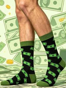 1 Pasang Kaos Kaki Pria Motif Dolar Setinggi Betis, Dasar Hitam dengan Desain Koin Hijau, Elastis dan Nyaman. Gaya Netral, Cocok untuk Semua Musim, Sempurna untuk Pemakaian Sehari-hari dan Sebagai Hadiah. - MultiWarna - View 3