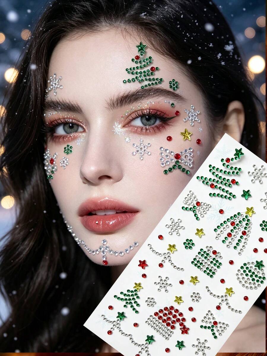 1pc Christmas Decorative Christmas Tree Gem Face Stickers, Including Various Patterns Such As Christmas Trees, Snowflakes, Gifts, Santa Hats, Stars, Bows, And Other Y2K Decorations, Allowing For Free DIY - Multicolor - View 1