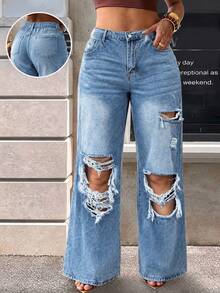 Plus Size Casual Daily Denim Jeans With Pockets And Buttons, Distressed High Waist Design, Suitable For Women's Autumn Fashion, Disco And Party Wear - Blue - View 9